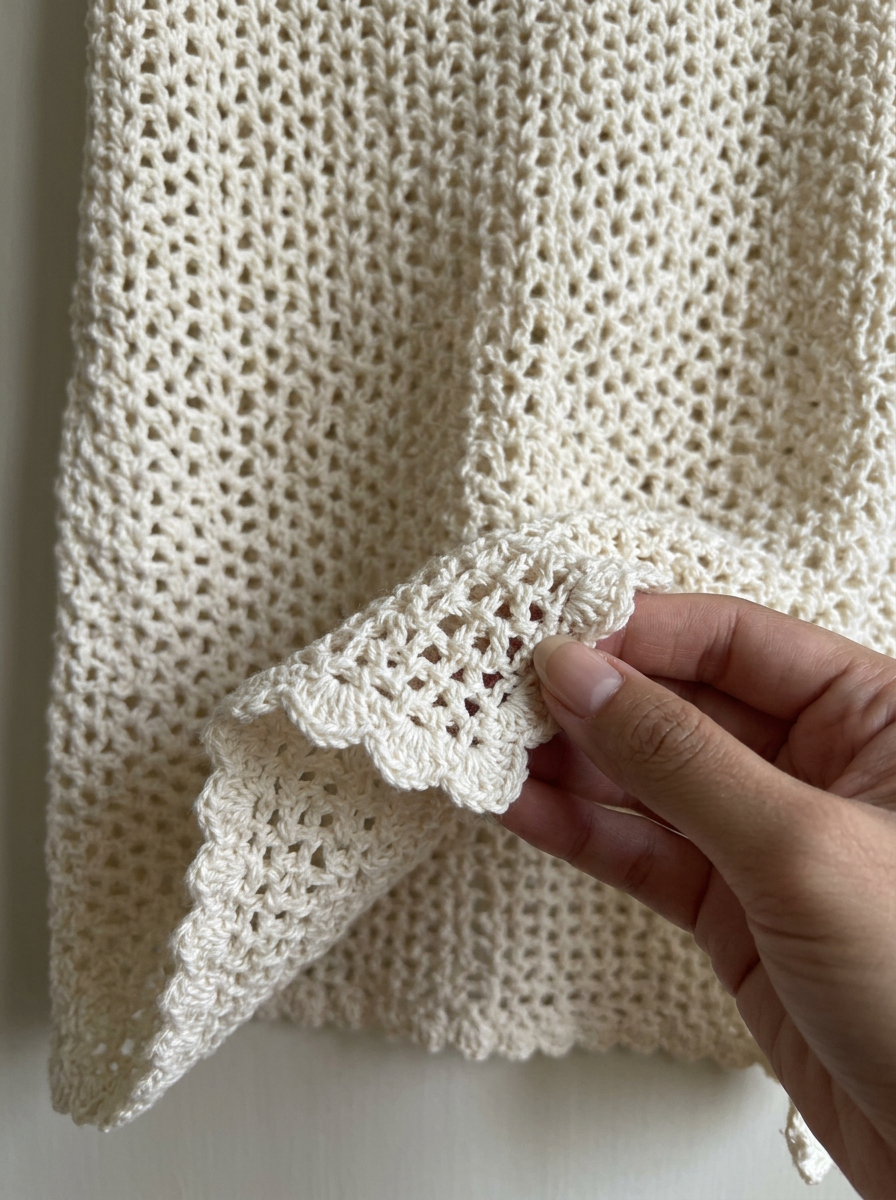 Alpine Rose Crochet Dress Pattern - close-up of the open mesh crochet stitch and scalloped picot hem