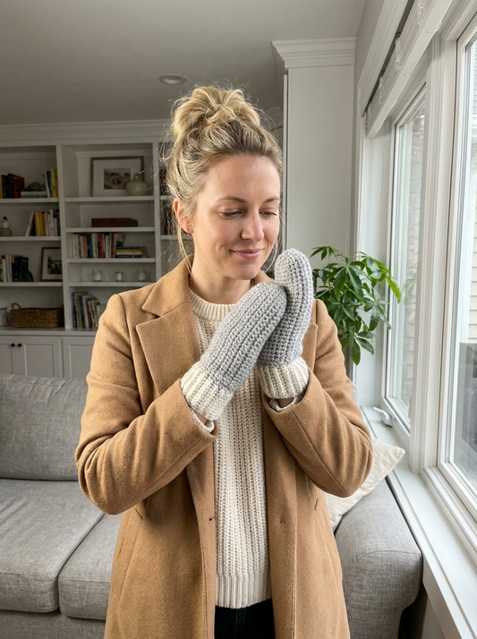 Laurel Crown crochet mittens in grey worn by a woman in a cozy living room