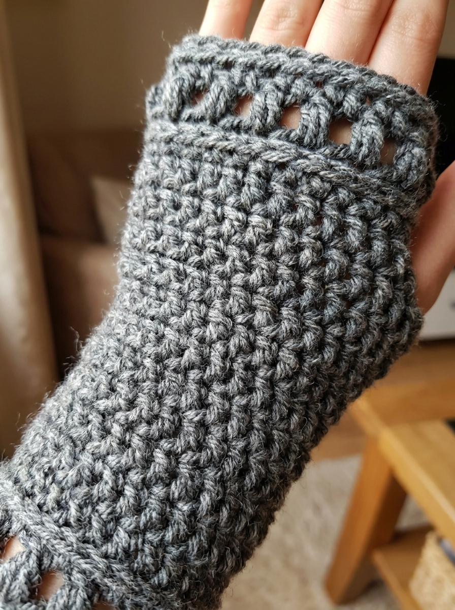 Fern Gully Crochet Fingerless Gloves Pattern - close-up of the moss stitch and eyelet detail