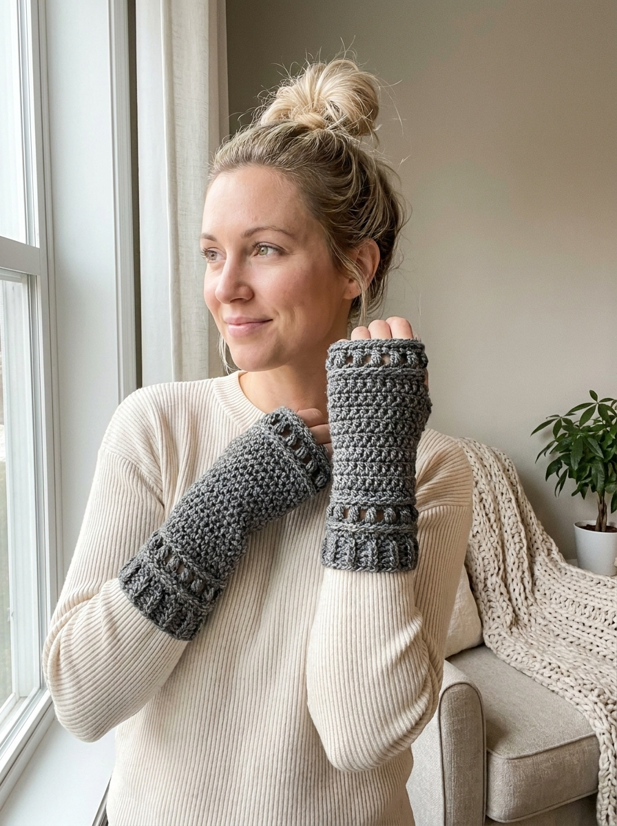 Fern Gully Crochet Fingerless Gloves Pattern - grey wrist warmers worn by a window