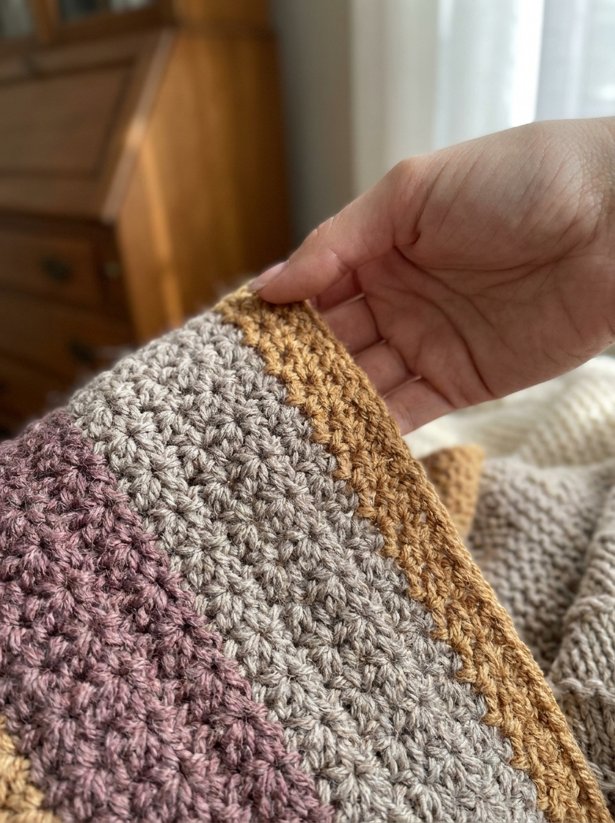 Close-up of the lacy stitch texture and border on the Marsh Marigold crochet cardigan