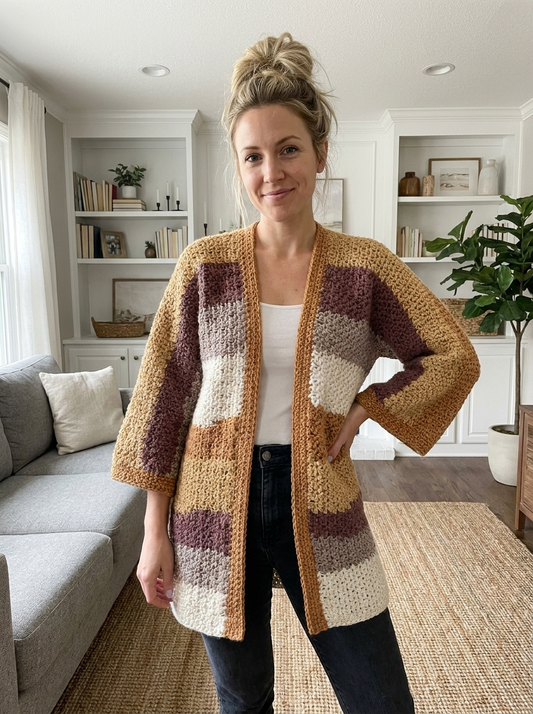 Marsh Marigold crochet cardigan worn open over a tank top in a cozy living room