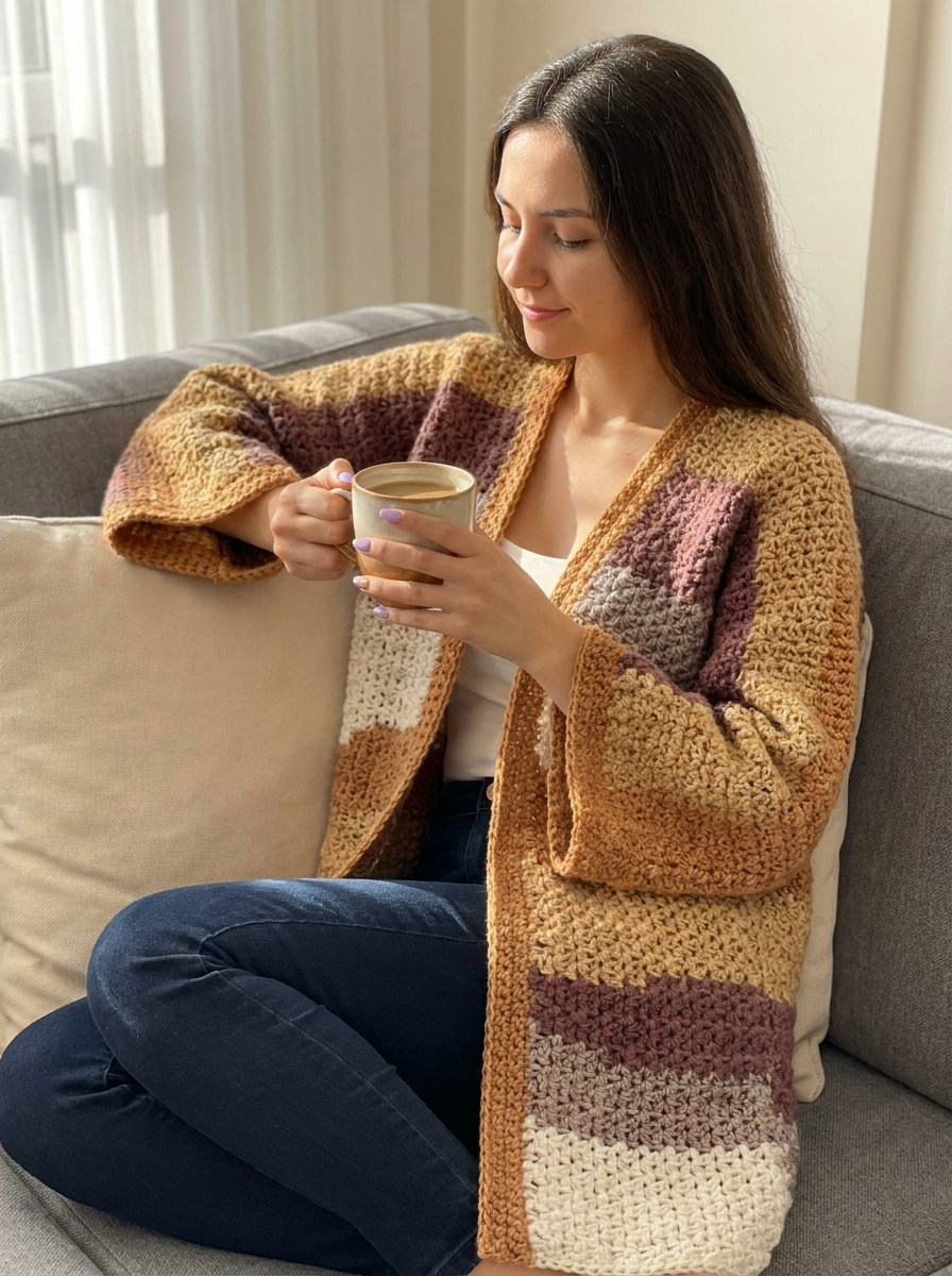 Woman seated on a sofa with a mug wearing the Marsh Marigold crochet cardigan