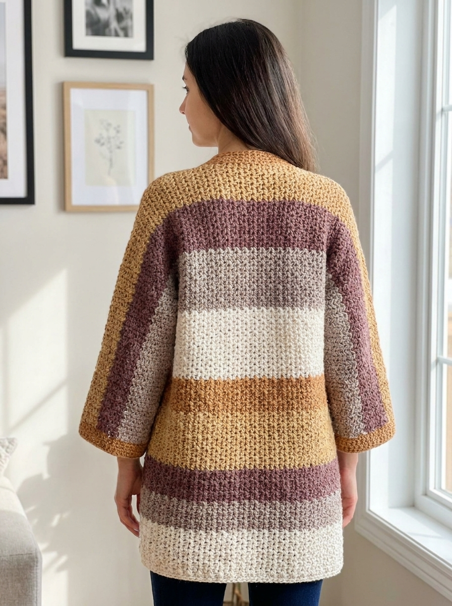 Back view of the Marsh Marigold crochet cardigan showing the striped back panel