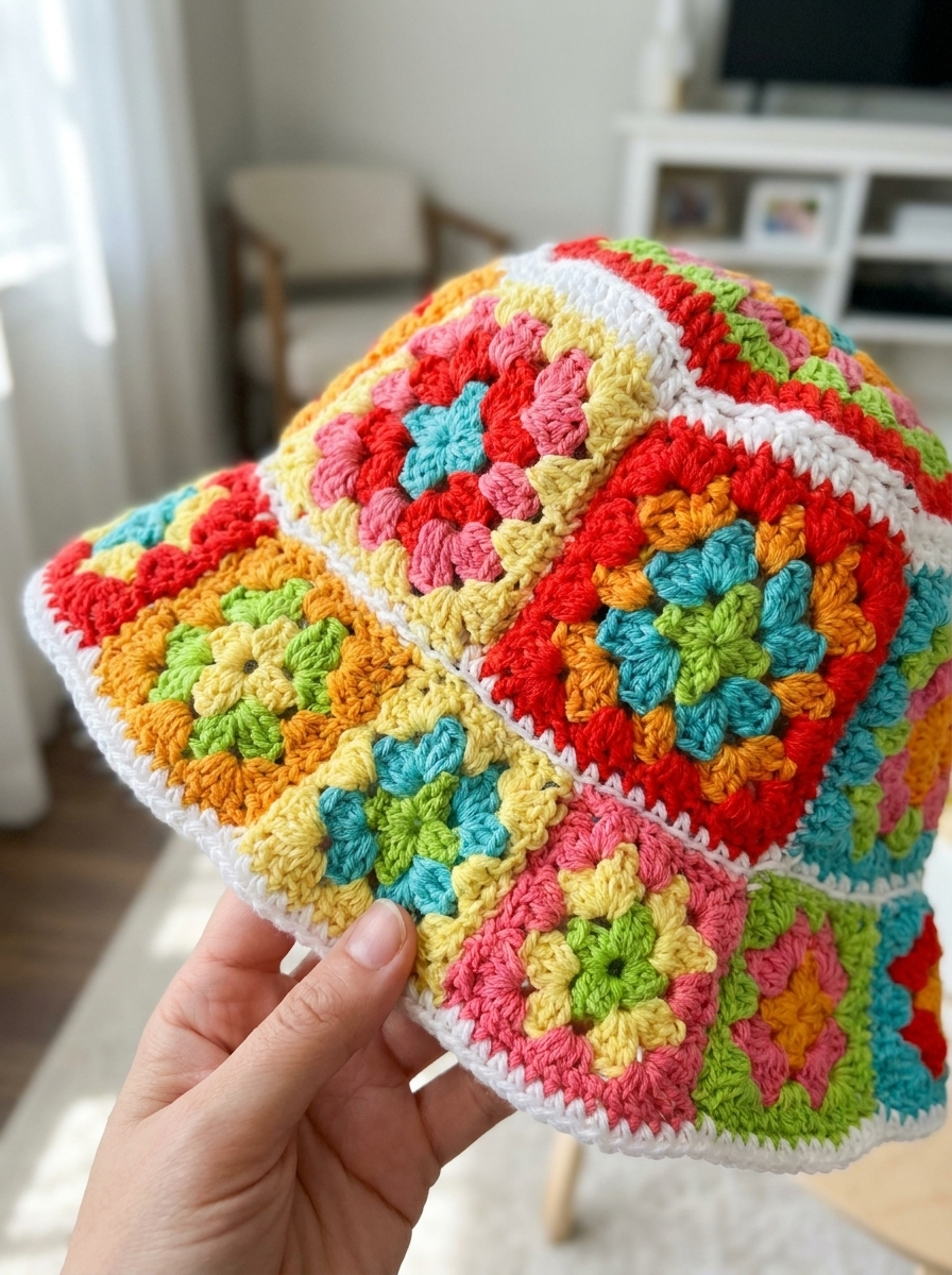 Close-up of the Evergreen Path crochet bucket hat granny square stitch detail