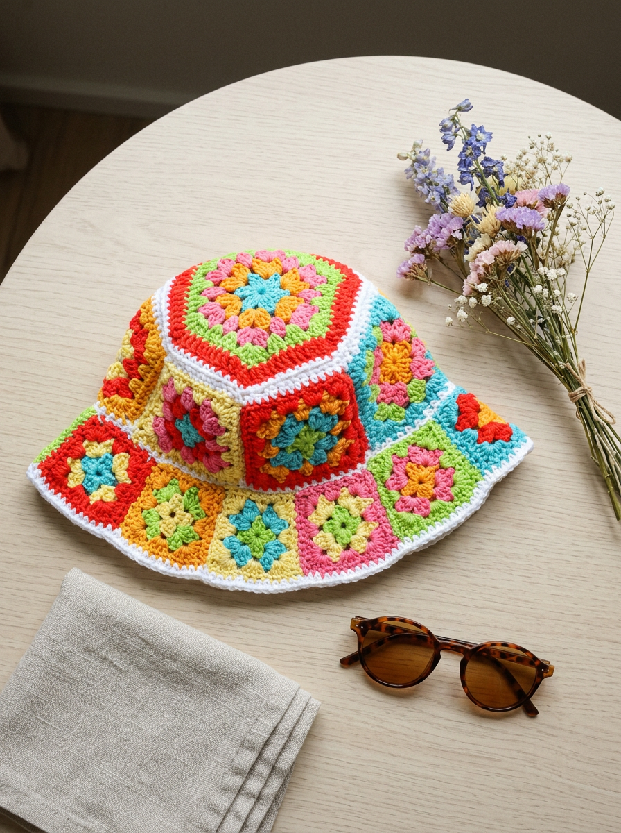 Evergreen Path crochet bucket hat styled flat lay with dried flowers and sunglasses