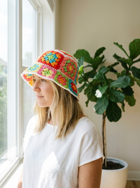 Evergreen Path granny square crochet bucket hat worn by a window