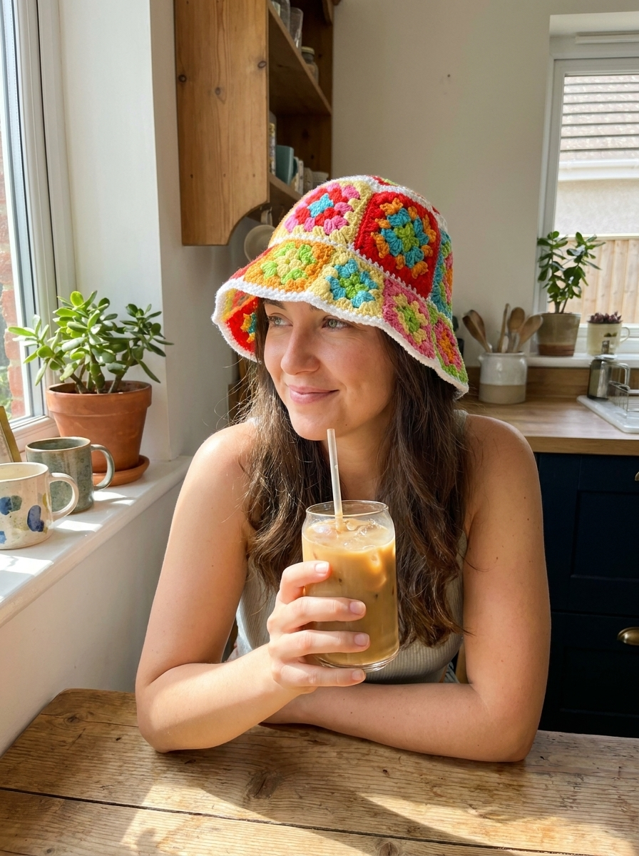 Evergreen Path crochet bucket hat worn at a sunny kitchen table