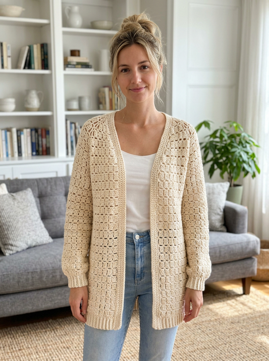 Windflower Crochet Cardigan Pattern - cream raglan cardigan front view