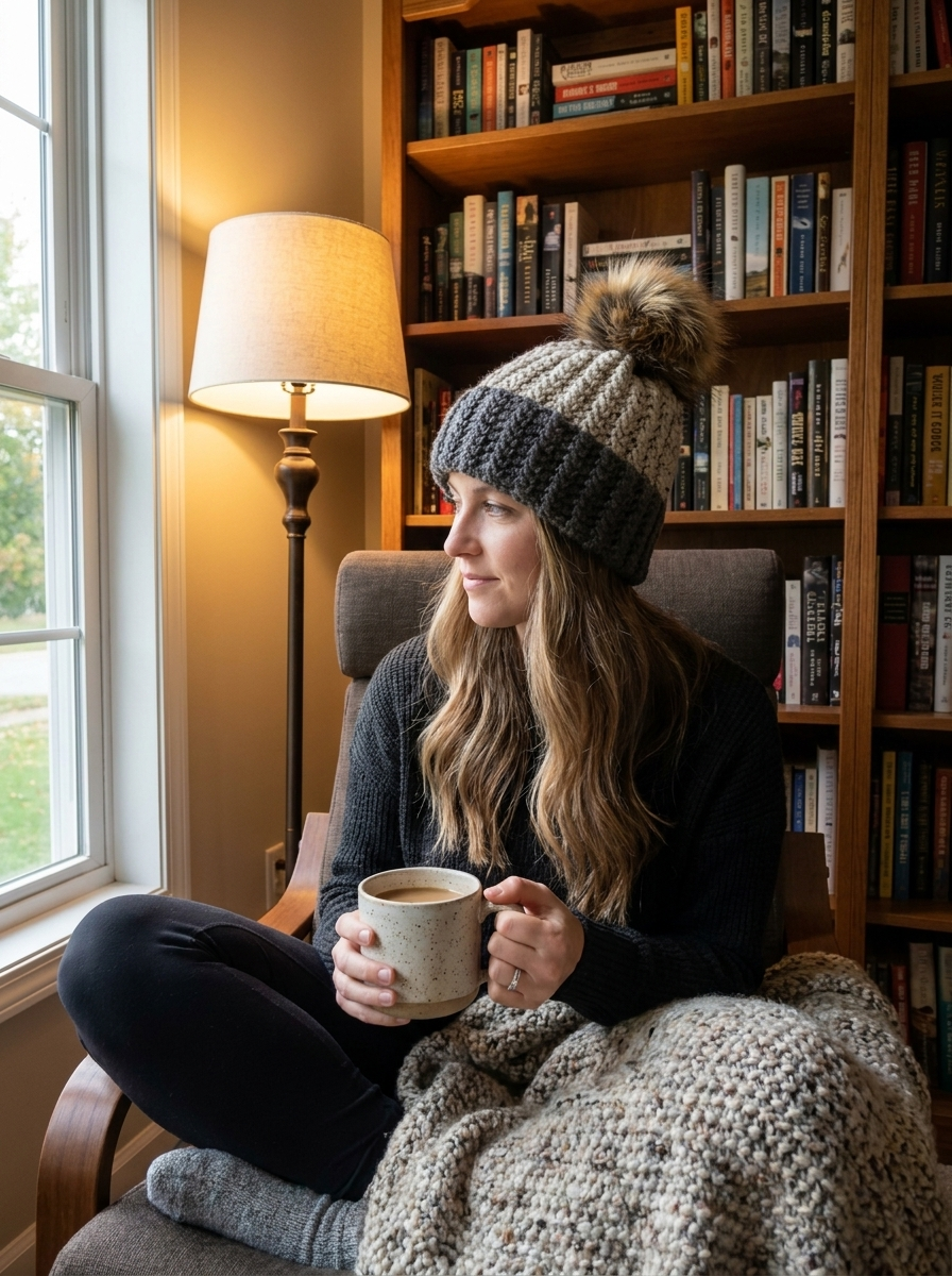 Plume Grass crochet beanie worn in a cosy reading armchair with a mug of coffee