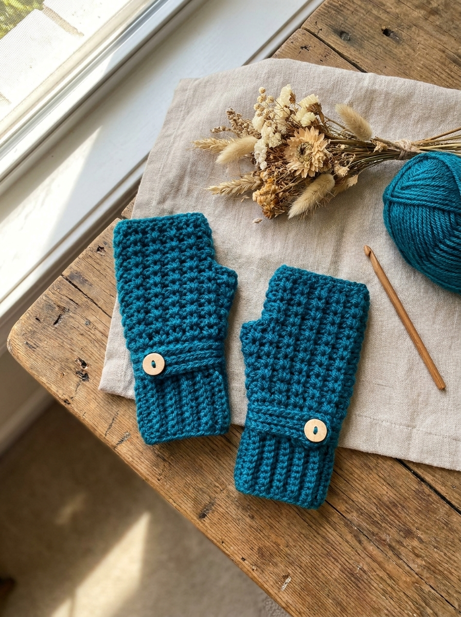 Yonder Hill Crochet Fingerless Gloves Pattern - styled flat-lay with yarn and dried flowers