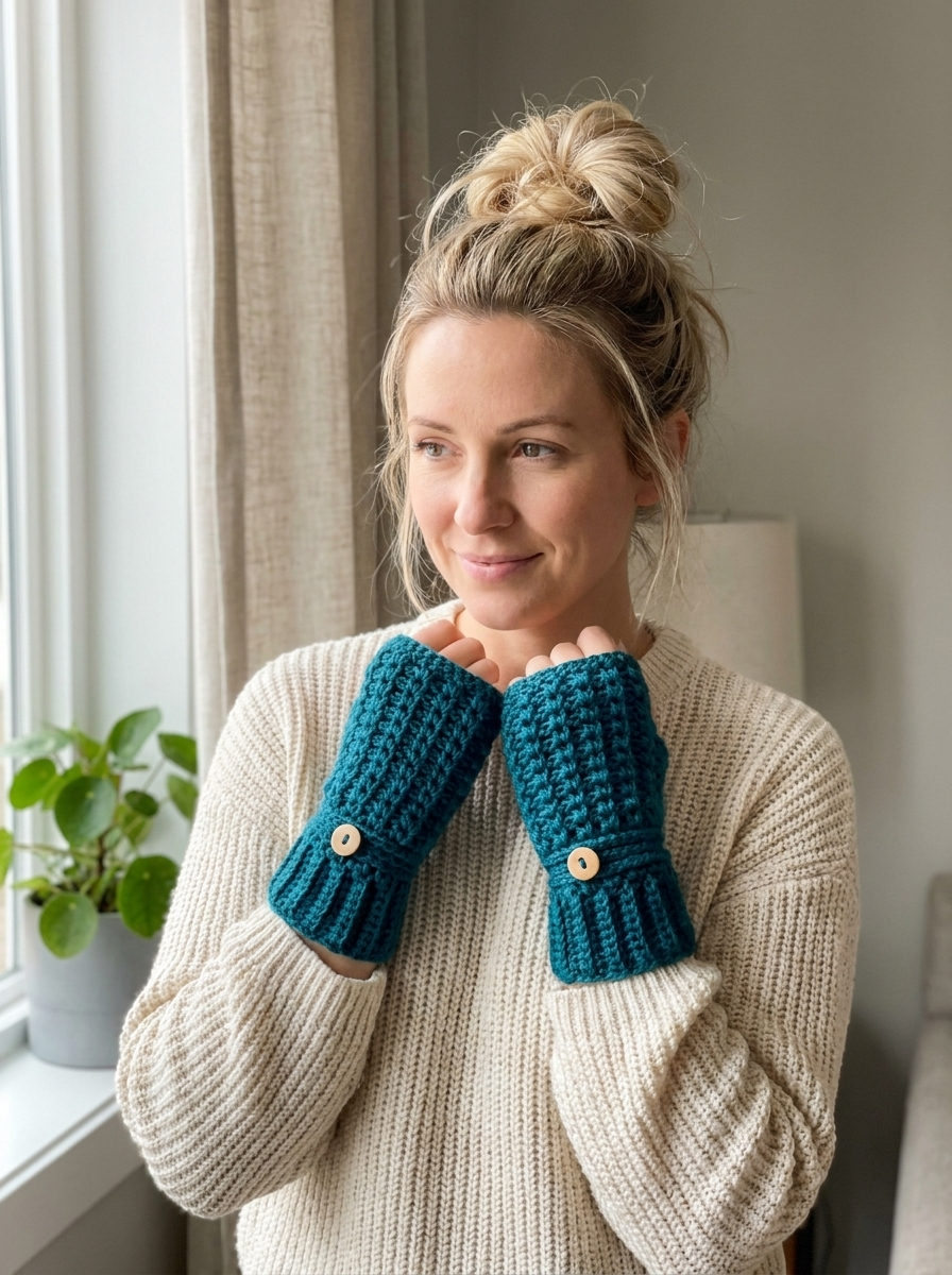 Yonder Hill Crochet Fingerless Gloves Pattern - teal wrist warmers worn by a window