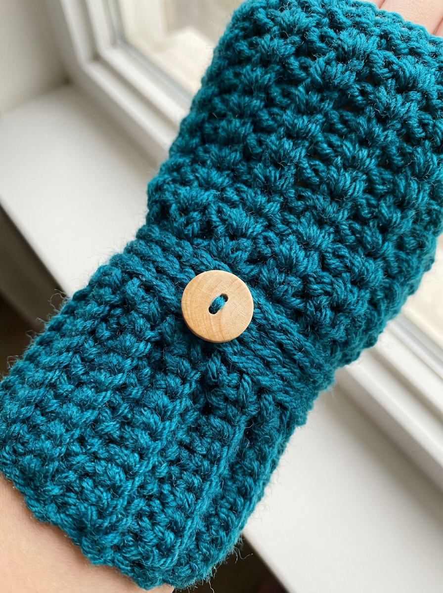 Yonder Hill Crochet Fingerless Gloves Pattern - close-up of stitch texture and wooden button