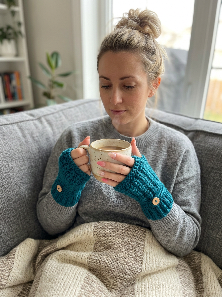Yonder Hill Crochet Fingerless Gloves Pattern - cosy seated shot holding a mug