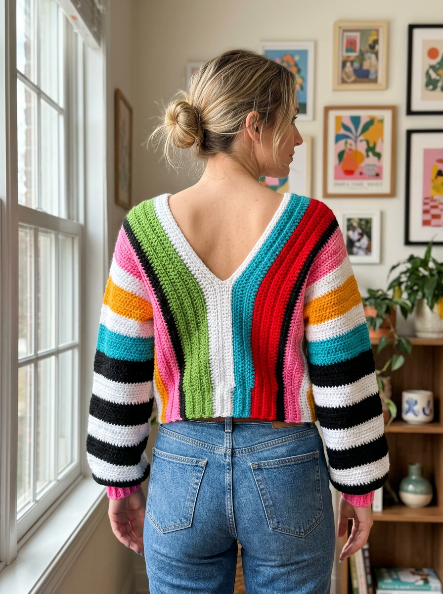 Acacia Gold Crochet Sweater Pattern - back view of the striped crochet sweater