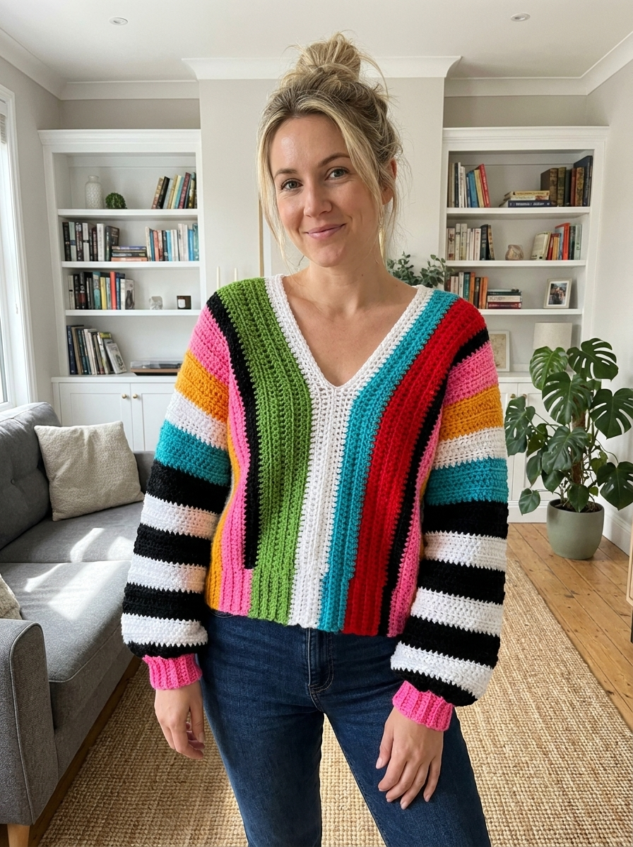 Acacia Gold Crochet Sweater Pattern - colourful striped oversized pullover front view