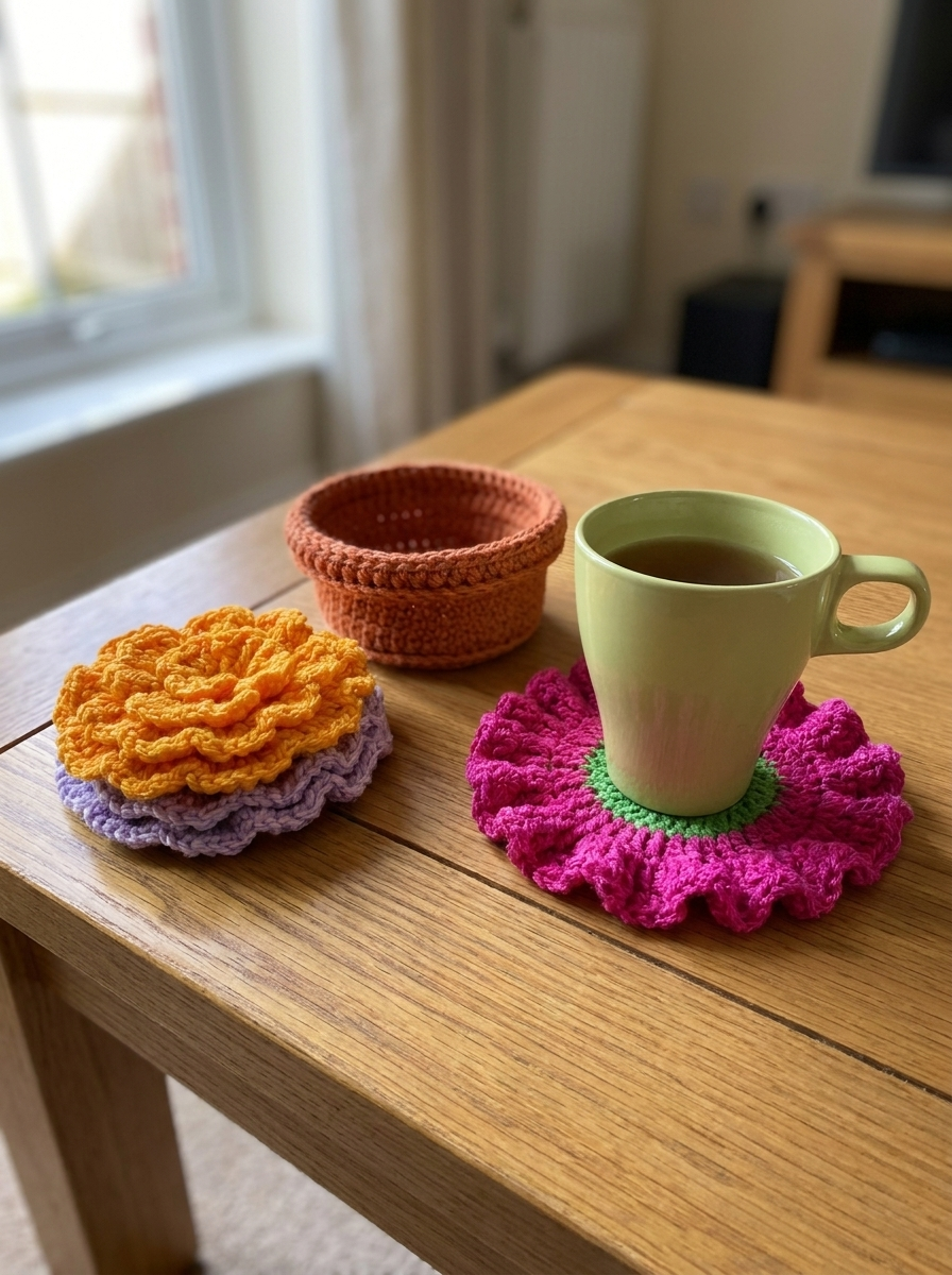 Iron Rose crochet coaster in use under a mug of tea on a wooden coffee table