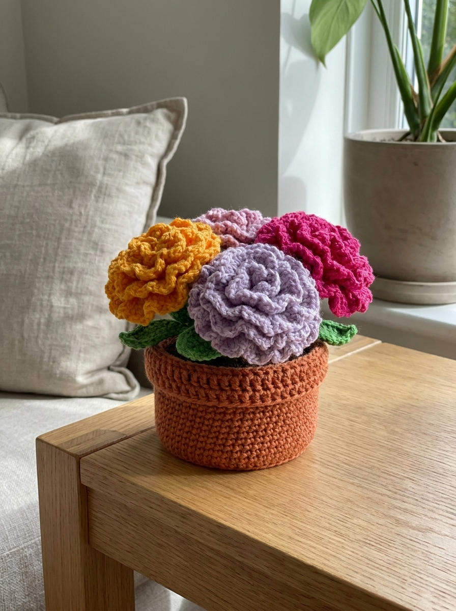 Iron Rose crochet coaster set styled as a carnation flower pot on a side table
