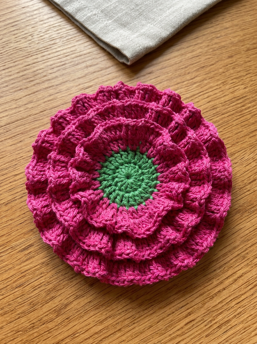 Close-up of the Iron Rose crochet coaster ruffled stitch texture
