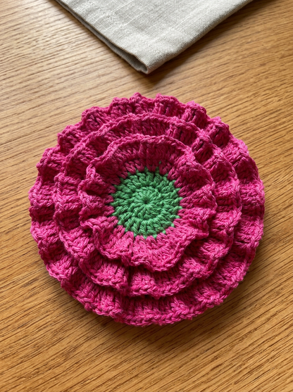 Close-up of the Iron Rose crochet coaster ruffled stitch texture