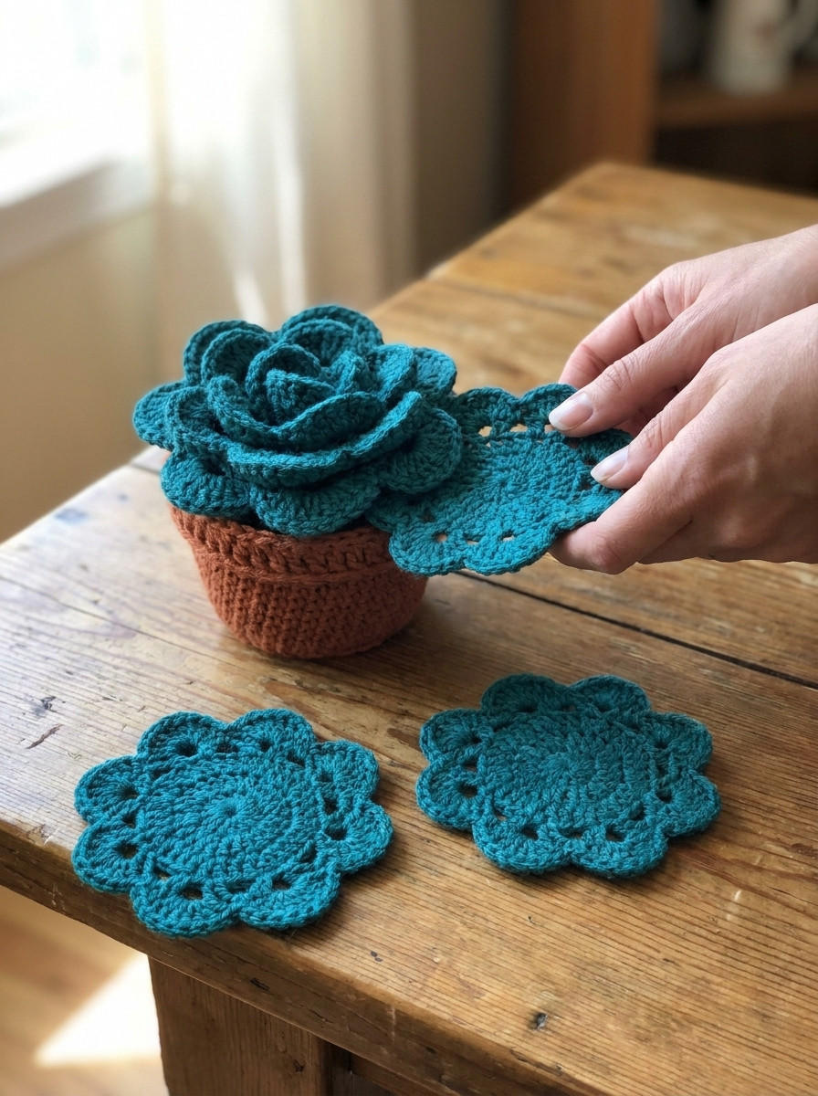 Doe Fawn Crochet Coaster Set Pattern - hands lifting a coaster from the crochet flower pot