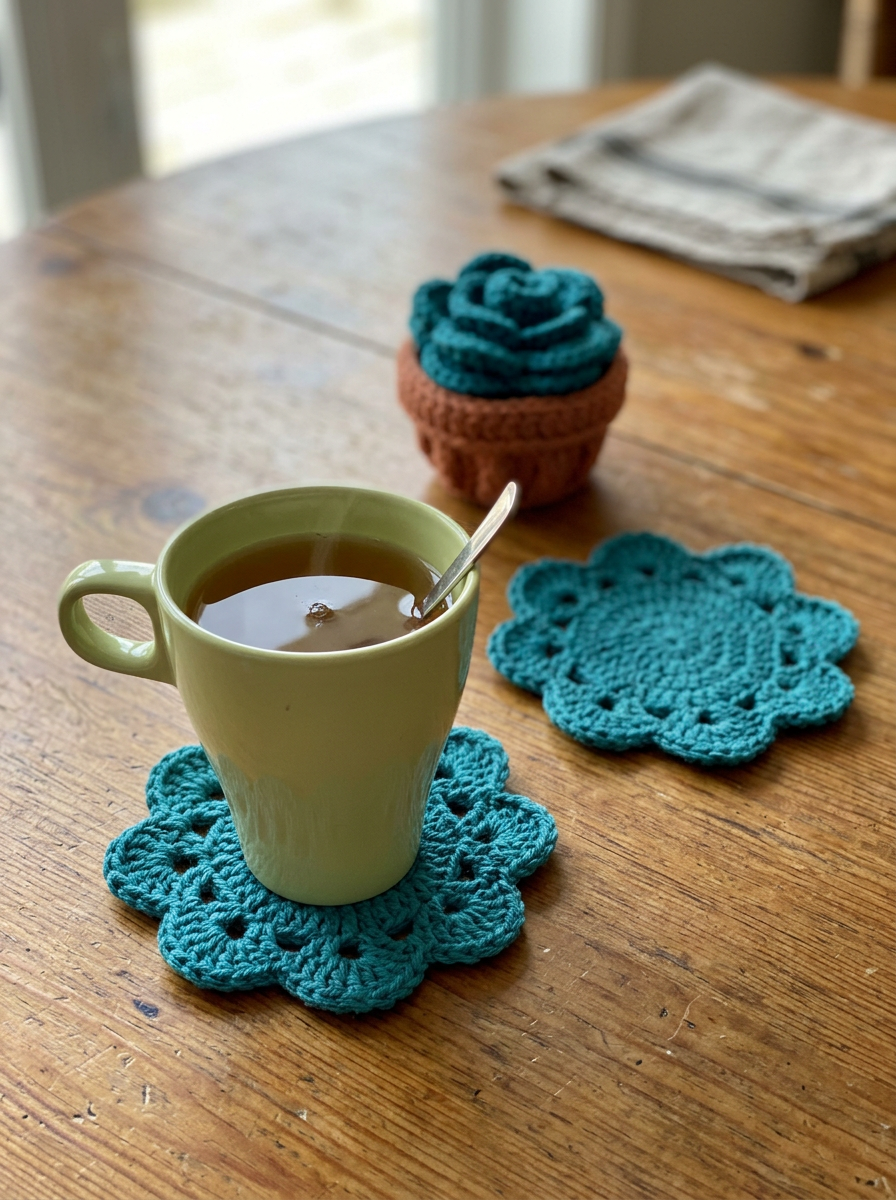 Doe Fawn Crochet Coaster Set Pattern - teal flower coaster under a mug of tea