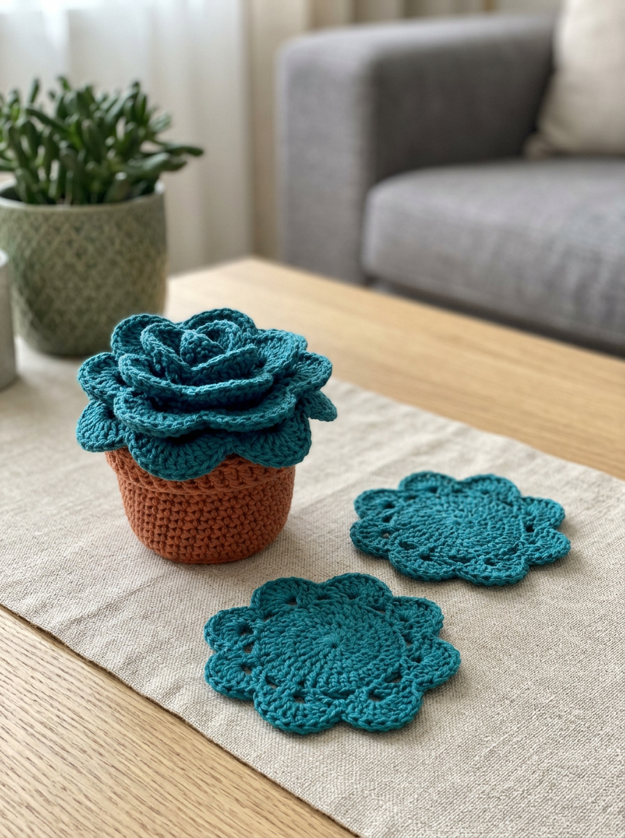 Doe Fawn Crochet Coaster Set Pattern - crochet flower pot and teal coasters styled on a coffee table