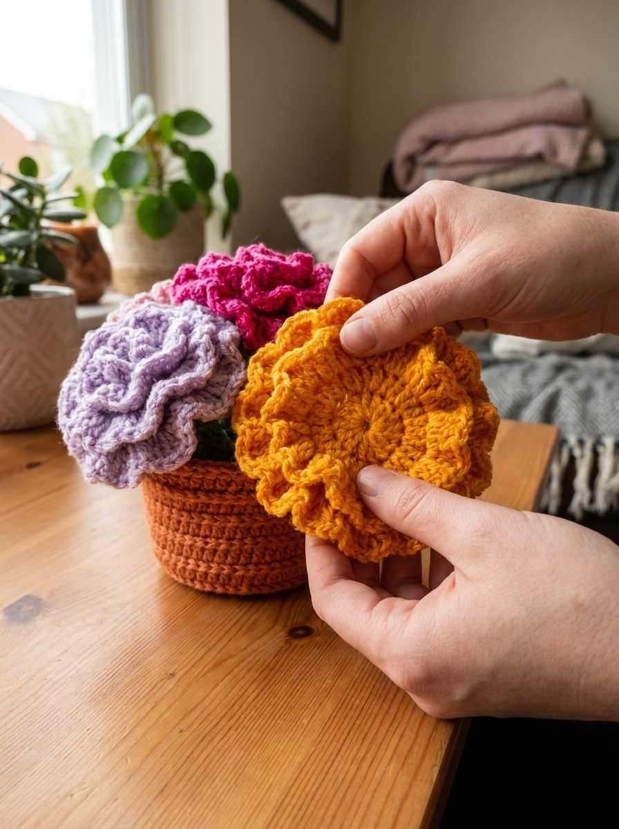 Hands lifting an Iron Rose crochet carnation from the pot to open it into a coaster