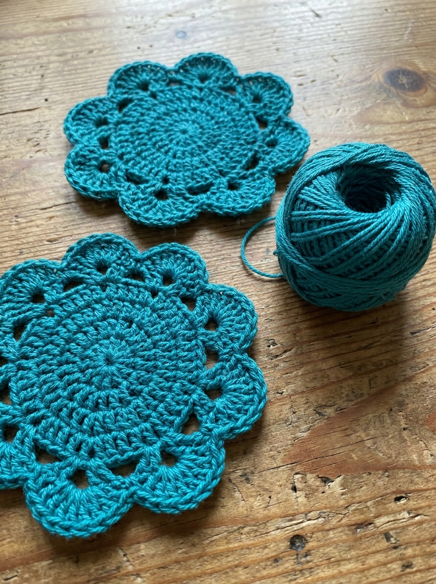Doe Fawn Crochet Coaster Set Pattern - close-up of the scalloped shell stitch coaster