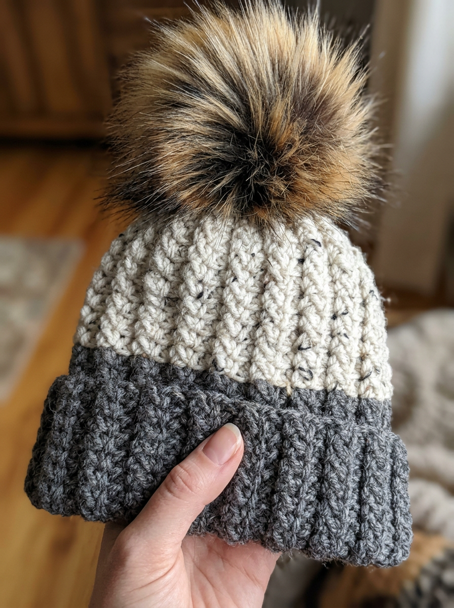 Close-up of the ribbed brim and textured tweed crown of the Plume Grass crochet beanie pattern