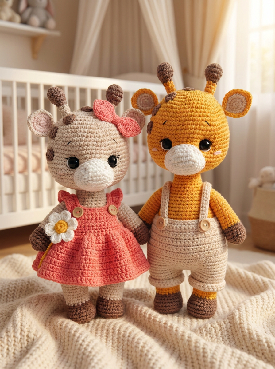 Sunbeam Valley crochet amigurumi giraffes styled in a cozy nursery