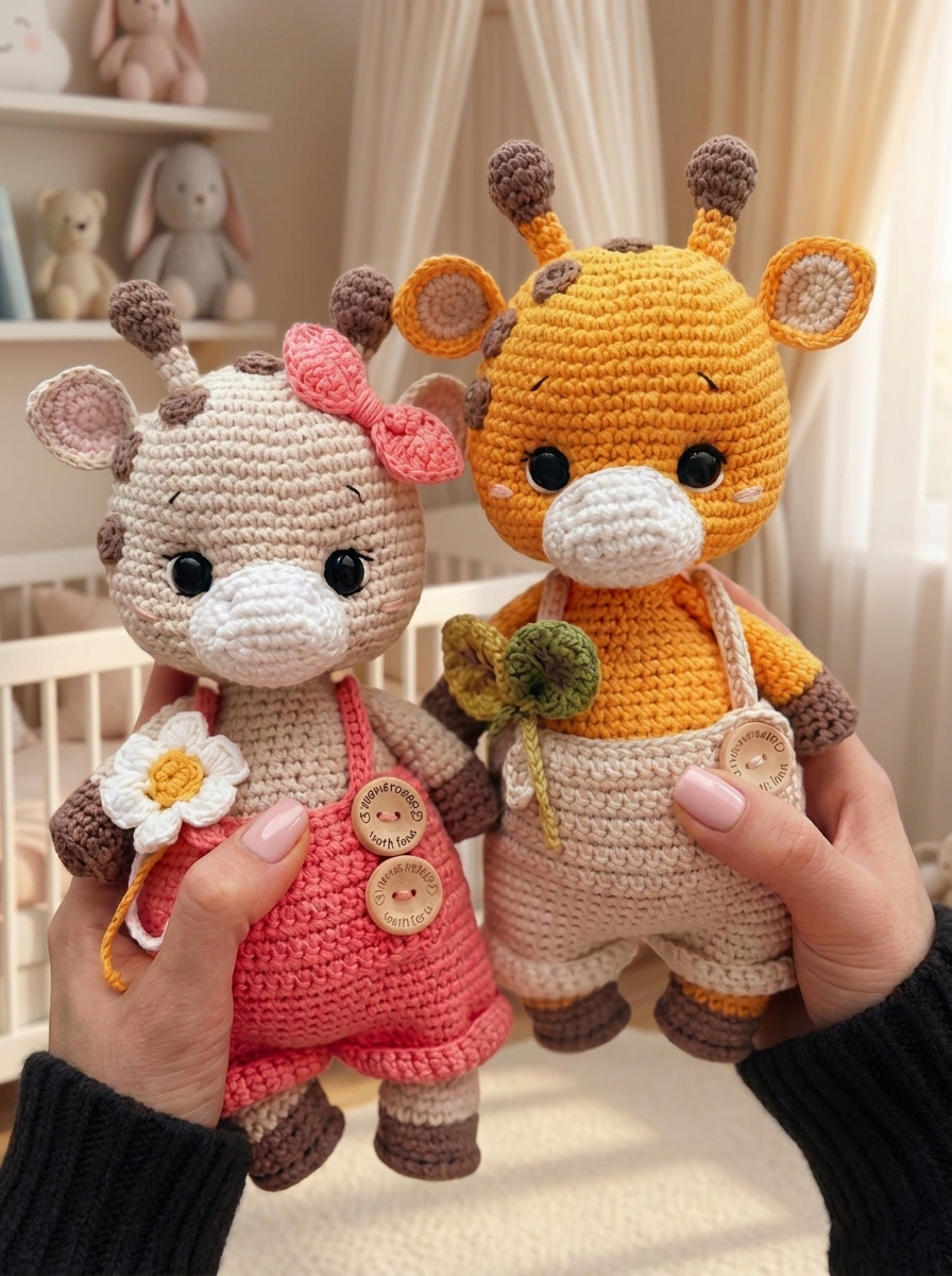 Hands holding the Sunbeam Valley crochet amigurumi giraffe pair
