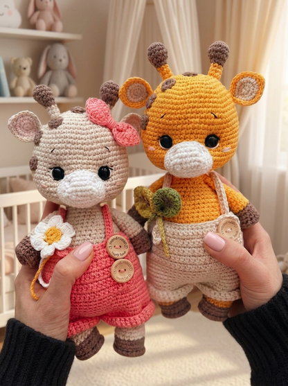 Hands holding the Sunbeam Valley crochet amigurumi giraffe pair