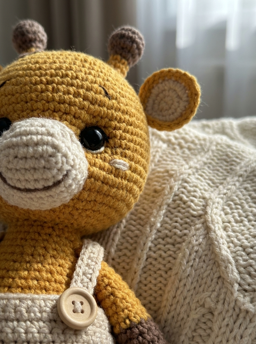 Close-up of the amigurumi stitch texture and overall detail of the Sunbeam Valley crochet giraffe