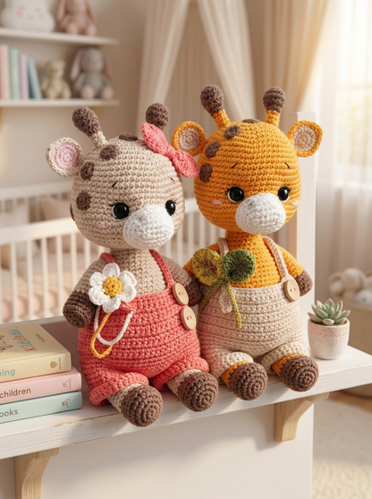 Sunbeam Valley crochet amigurumi giraffes sitting on a nursery shelf with books