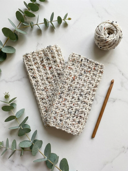 Chamomile Field Crochet Fingerless Gloves Pattern - styled flat lay of the ribbed crochet fingerless gloves